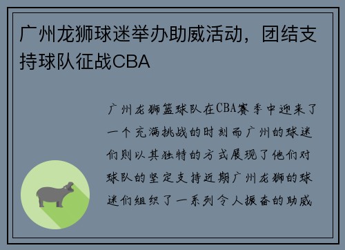 广州龙狮球迷举办助威活动，团结支持球队征战CBA