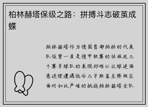 柏林赫塔保级之路：拼搏斗志破茧成蝶