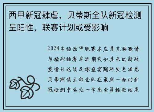 西甲新冠肆虐，贝蒂斯全队新冠检测呈阳性，联赛计划或受影响